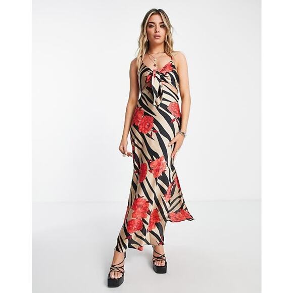 Topshop Cut Out Floral Zebra Stain Midi Slip Dress in Multicolor Size 8 NWT - Picture 1 of 13